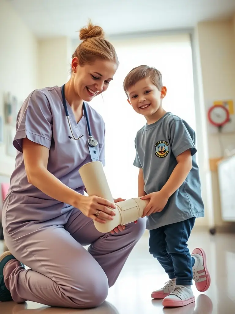 A clown engaging with children in a hospital setting, smiling and making eye contact, with colorful props and a warm environment.