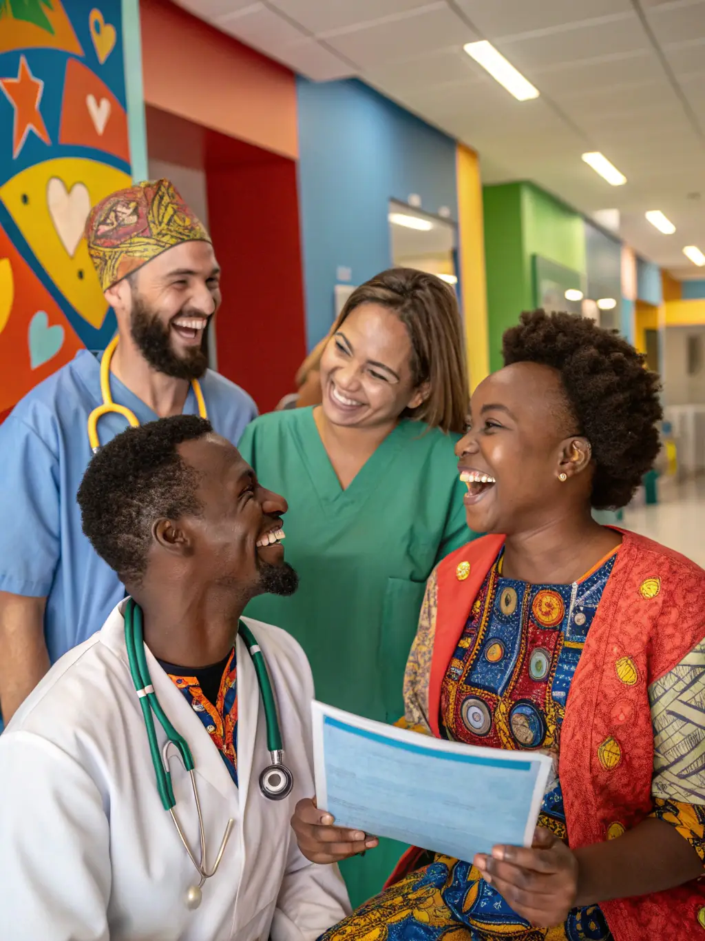 A clown interacting with family members alongside a patient, creating a supportive and joyful atmosphere for everyone involved.