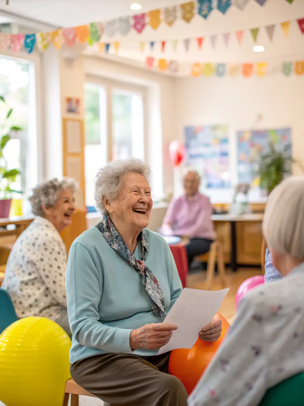 A clown engaging with elderly residents in a care home, using gentle humor and interactive games to stimulate engagement.