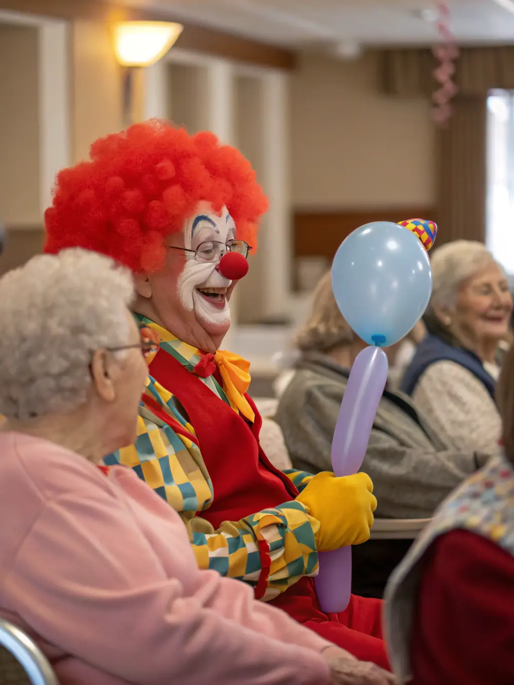 A clown performing for individuals with polyhandicaps in a specialized care center, adapting the performance to their specific needs and abilities.