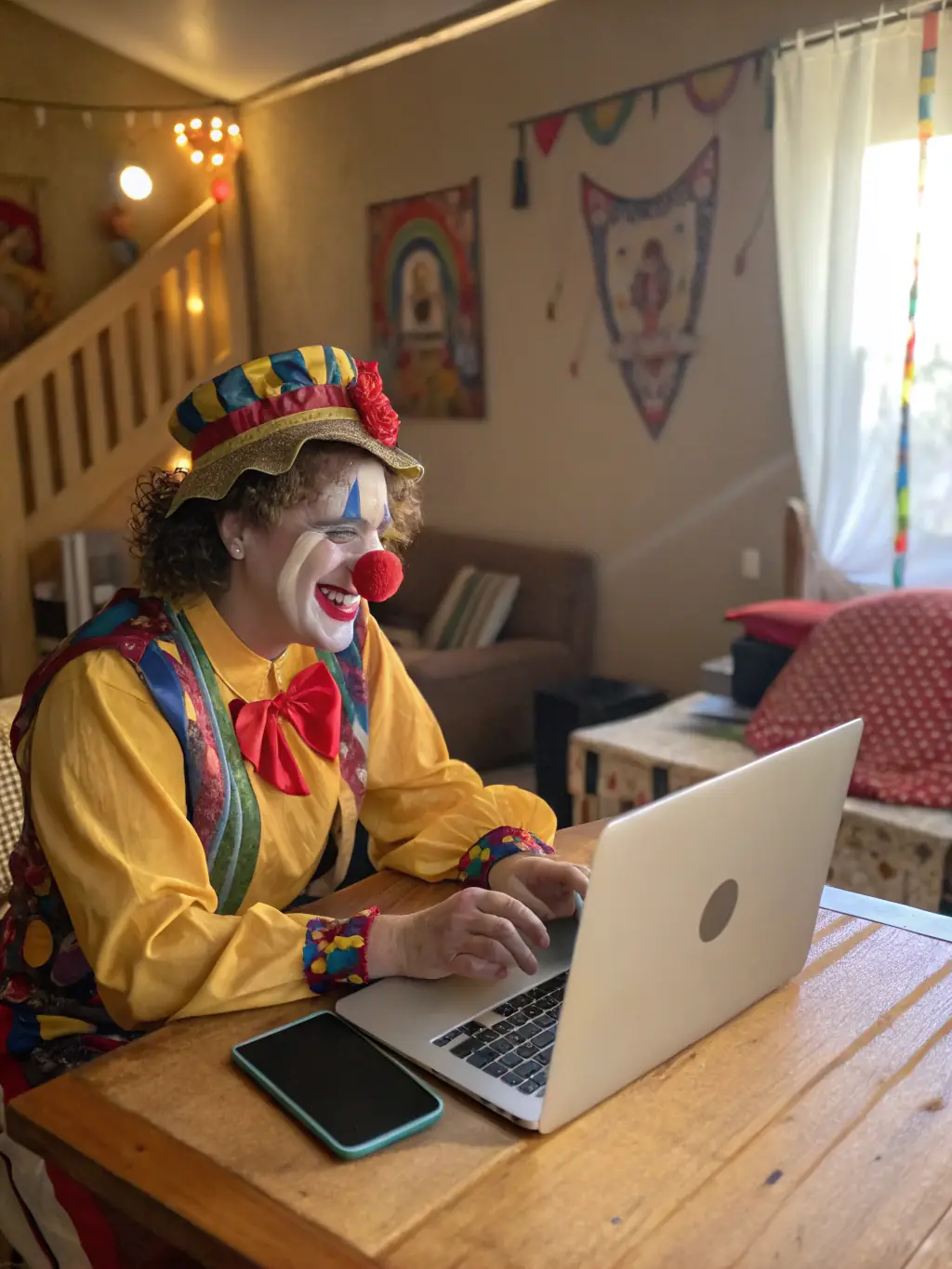 A clown interacting with a group of elderly people in a nursing home, using gentle humor and props to create a joyful atmosphere.