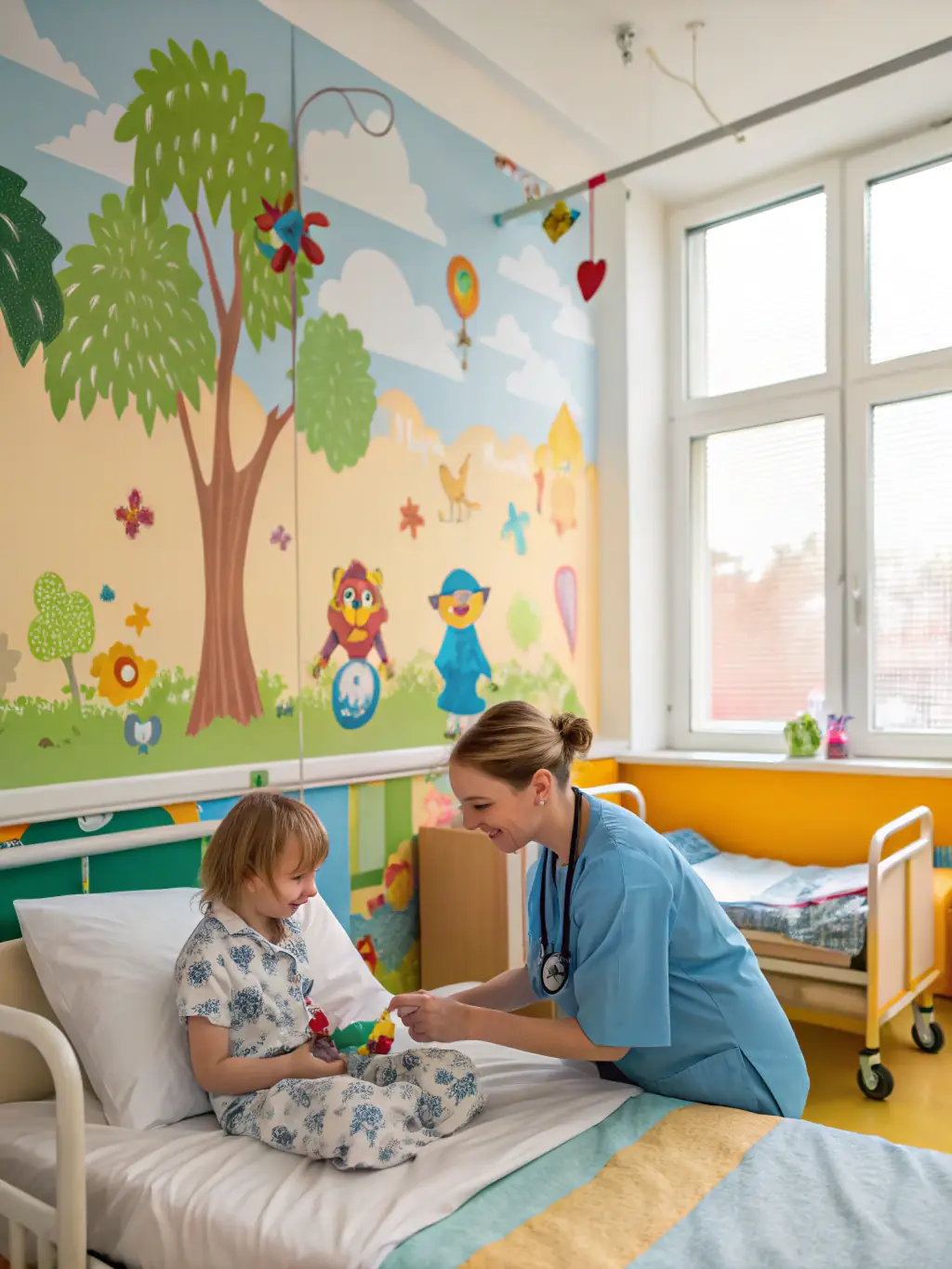 A professional clown interacting with a child in a hospital setting, both smiling, with medical equipment subtly visible in the background.